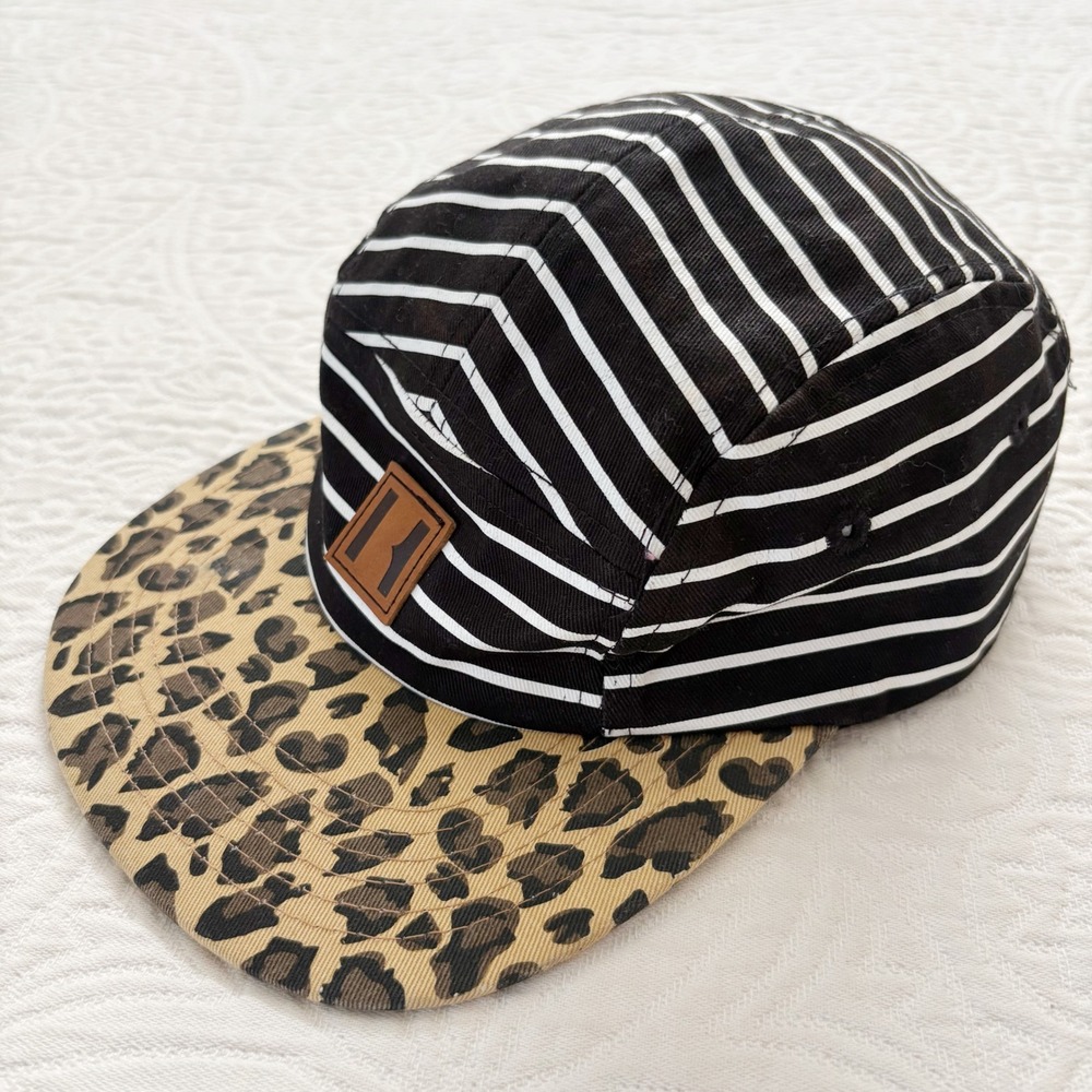 Beau Hudson Kids' 5 Panel Cap, BW Stripes on Leopard Bill